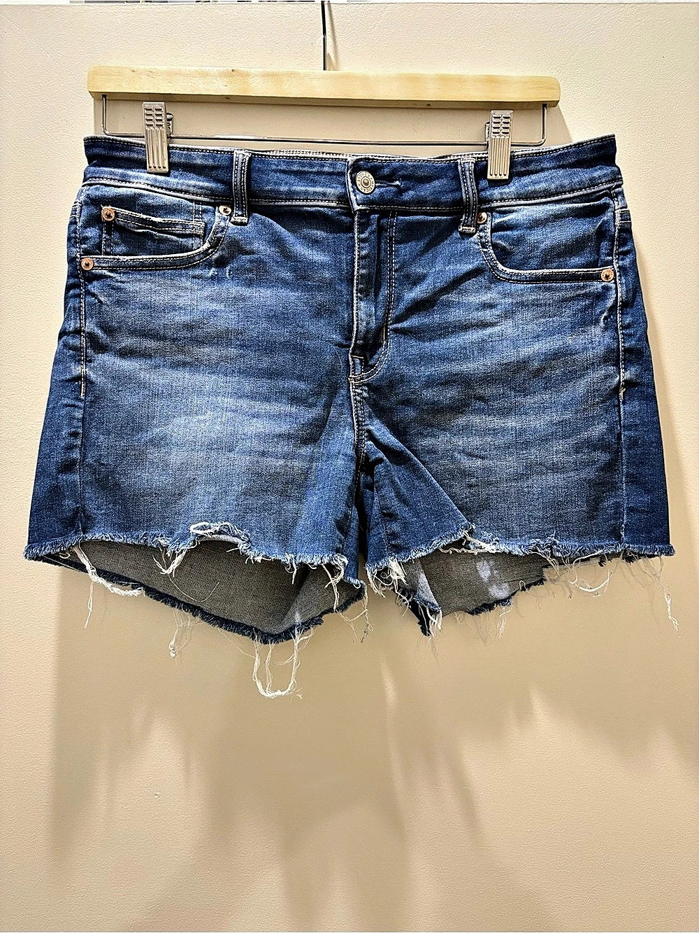 American Eagle Women's Distressed Denim Jean Shorts in Medium Blue Wash